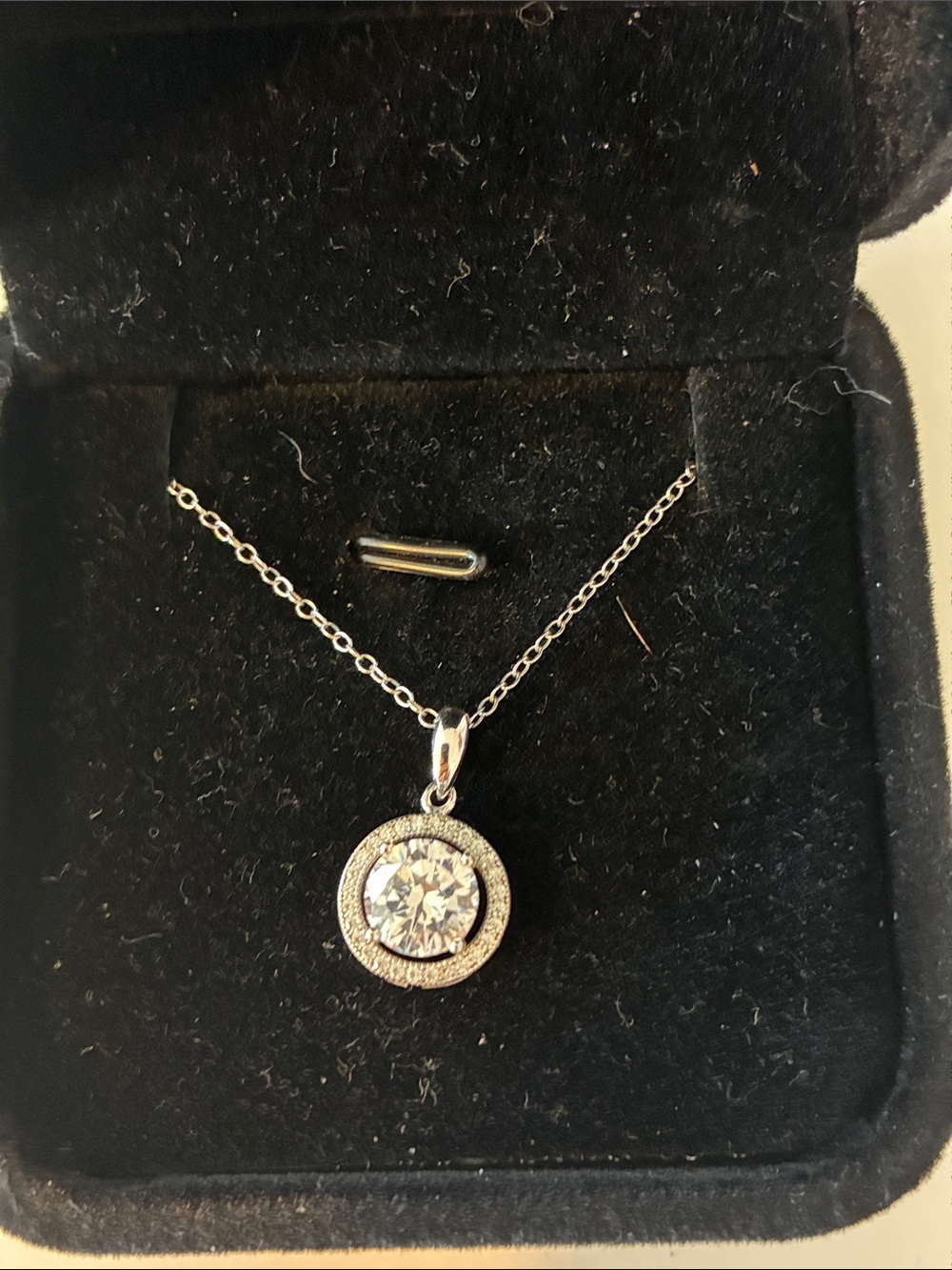 Solid sterling silver Classic Silver Halo Pendant Necklace with White Stone